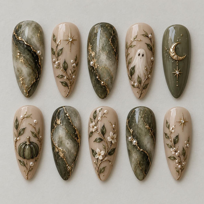Olive Green Marble Halloween Press On Nails With Botanical Ghosts and Celestial Gold Details