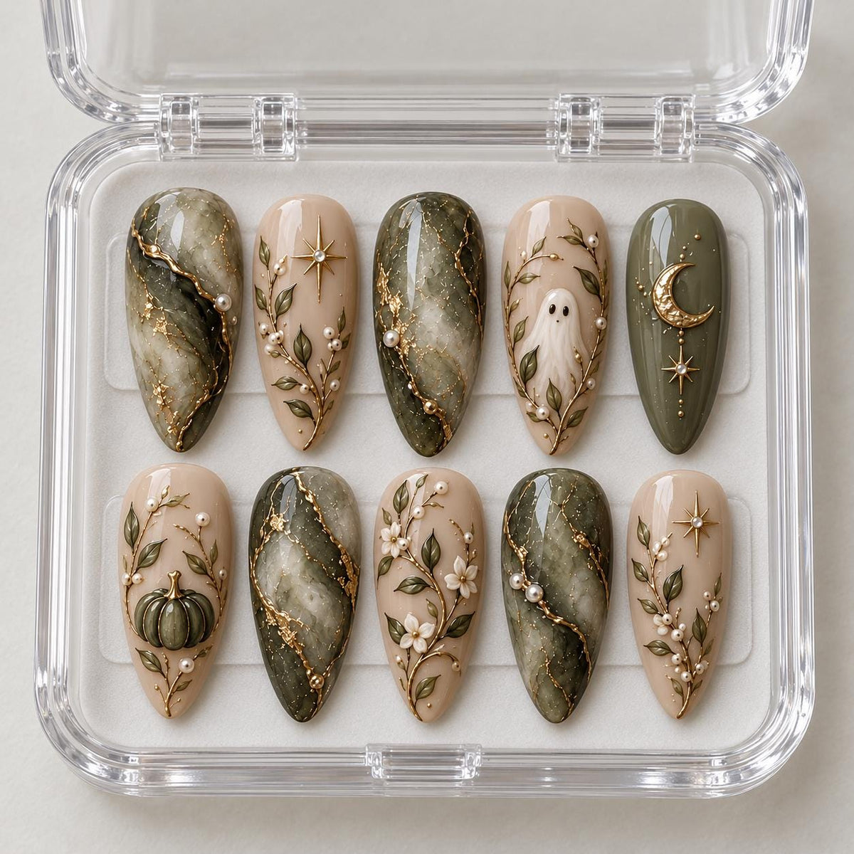 Olive Green Marble Halloween Nails With Botanical Ghosts and Celestial Gold Details
