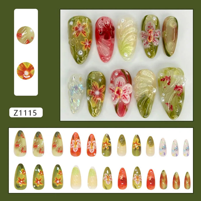 Olive Green, Red, and Blush Floral Press On Nails with Raised Flowers