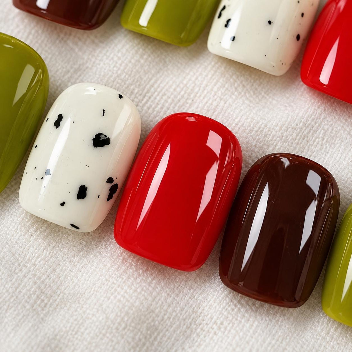 Olive Green, Red and Reddish Brown Fall Press On Nails With Black Speckles