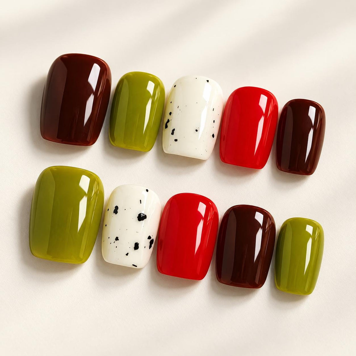 Olive Green, Red and Reddish Brown Fall Press On Nails With Black Speckles