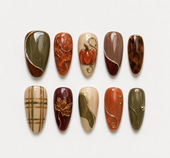 Olive, Pumpkin & Maple Leaf Fall Press On Nail Set with Plaid and Tortoiseshell Details