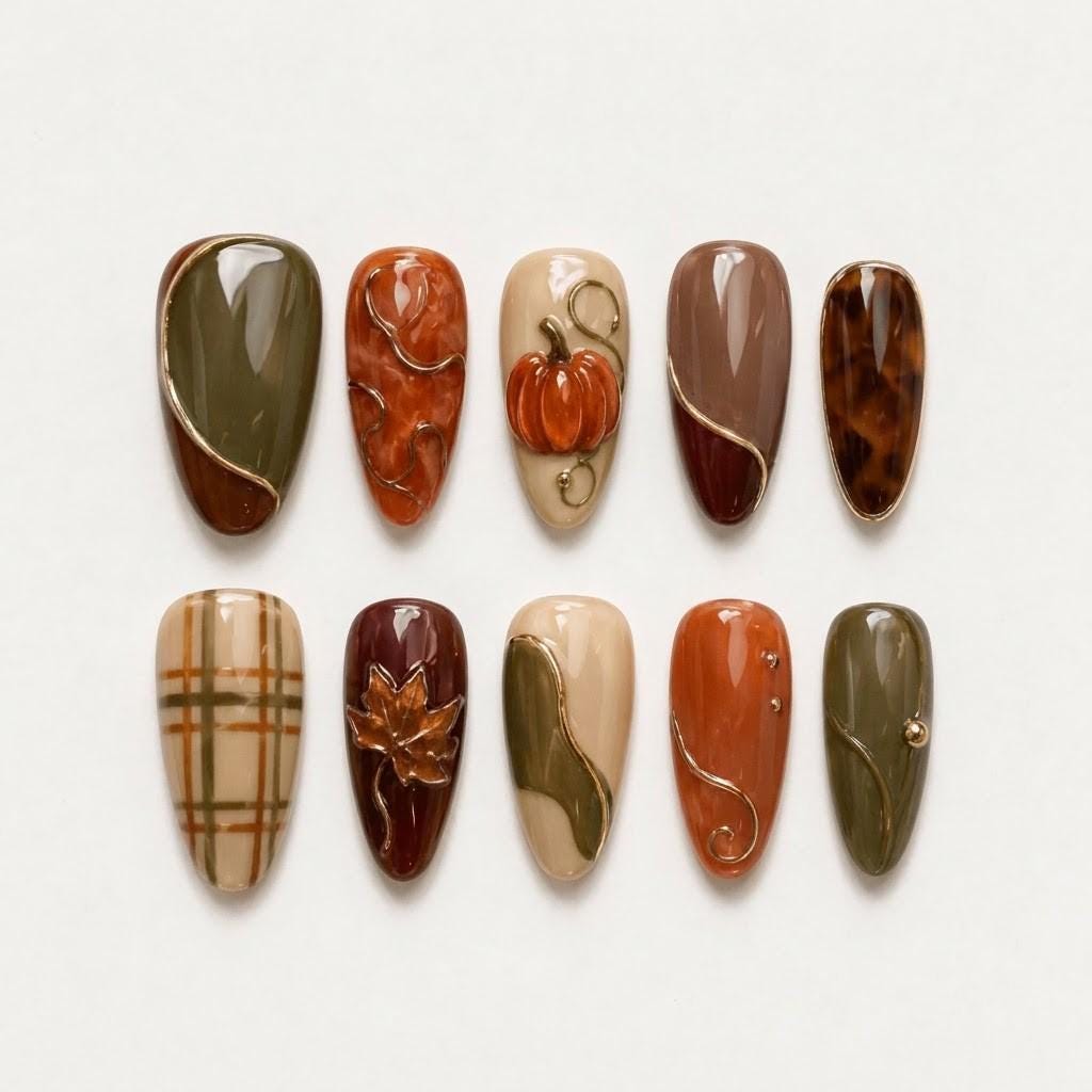 Olive, Rust, and Tortoiseshell Fall Nails With Raised Pumpkin and Leaf Accents