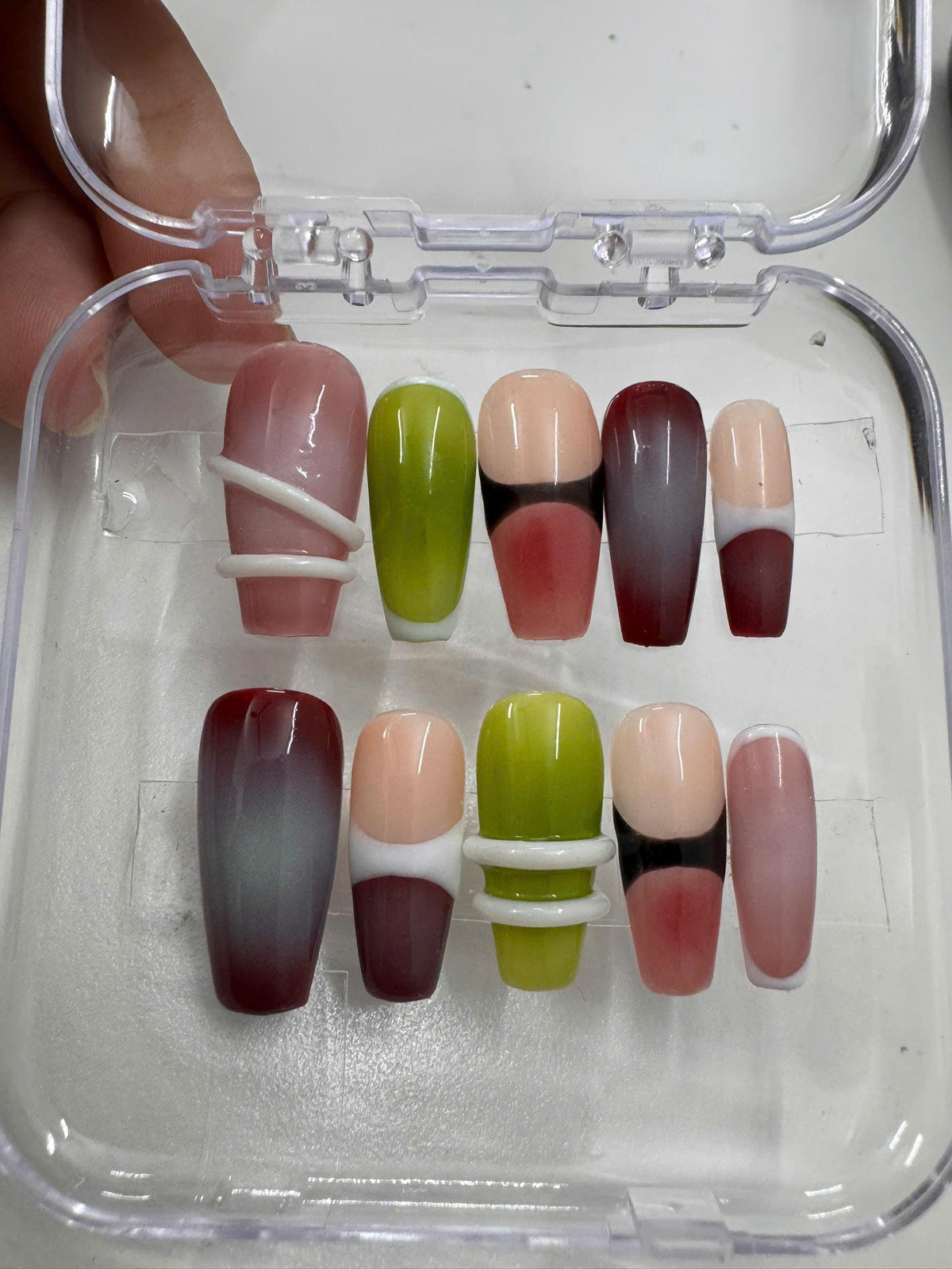Olive, Wine, and Blush Abstract Ombre Press On Nails