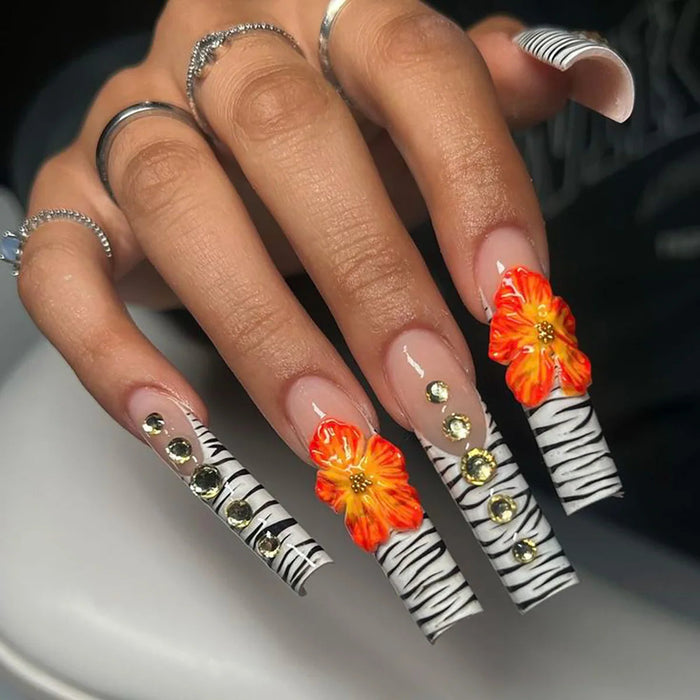 Orange 3D Flower and Zebra Stripe Press On Nail Set with Rhinestones