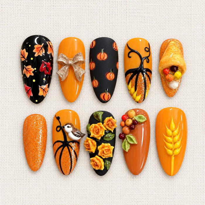 Orange and Black 3D Pumpkin, Autumn Leaf, Flower & Harvest Press On Nails