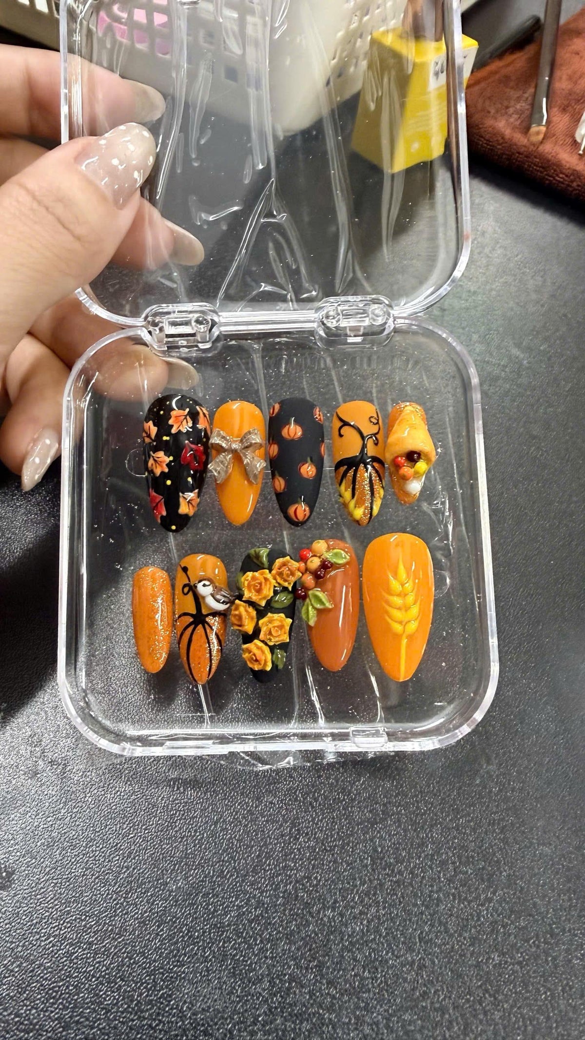 Orange and Black 3D Pumpkin, Autumn Leaf, Flower & Harvest Press On Nails