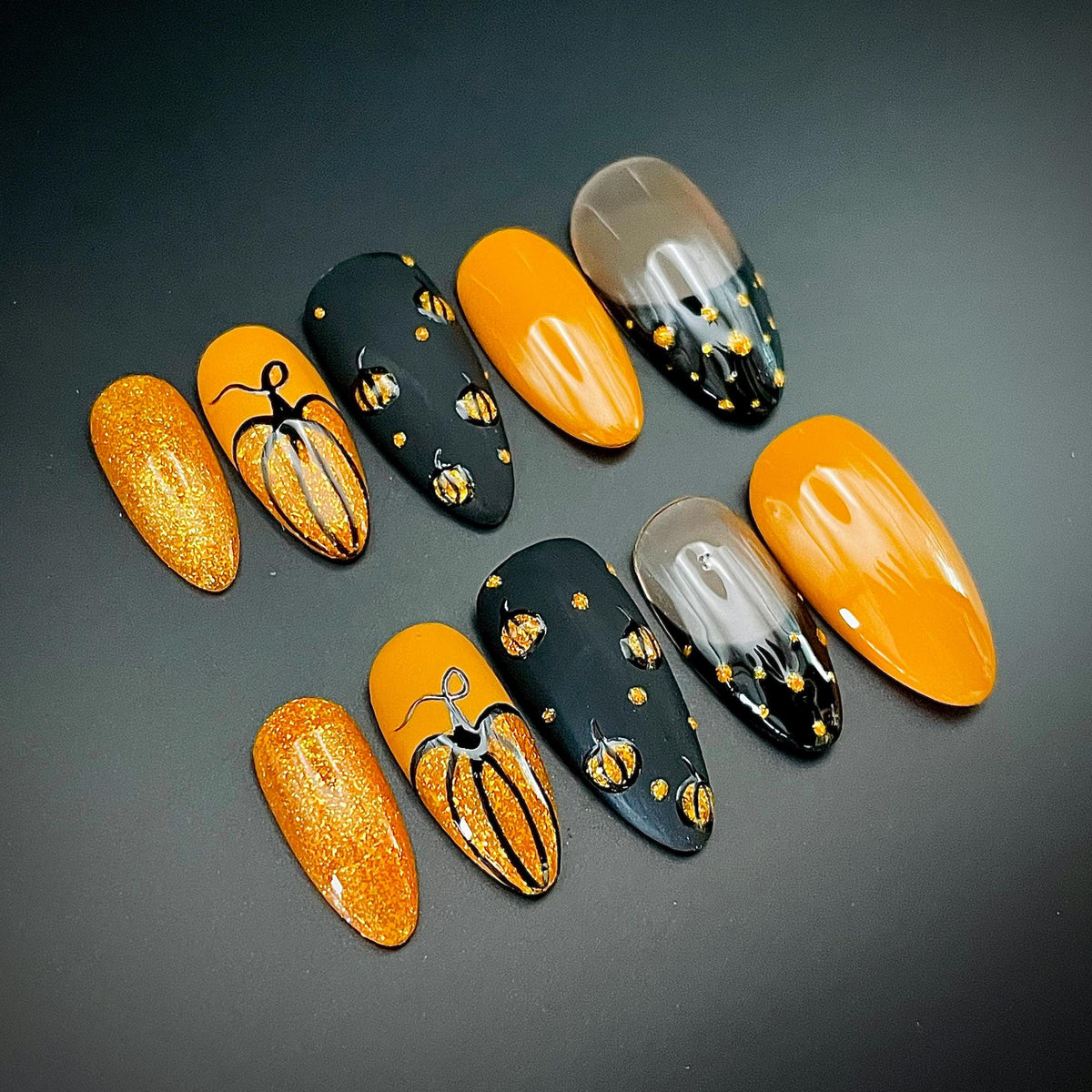 Orange and Black Pumpkin Fall Halloween Press On Nails with Gold Glitter Accents