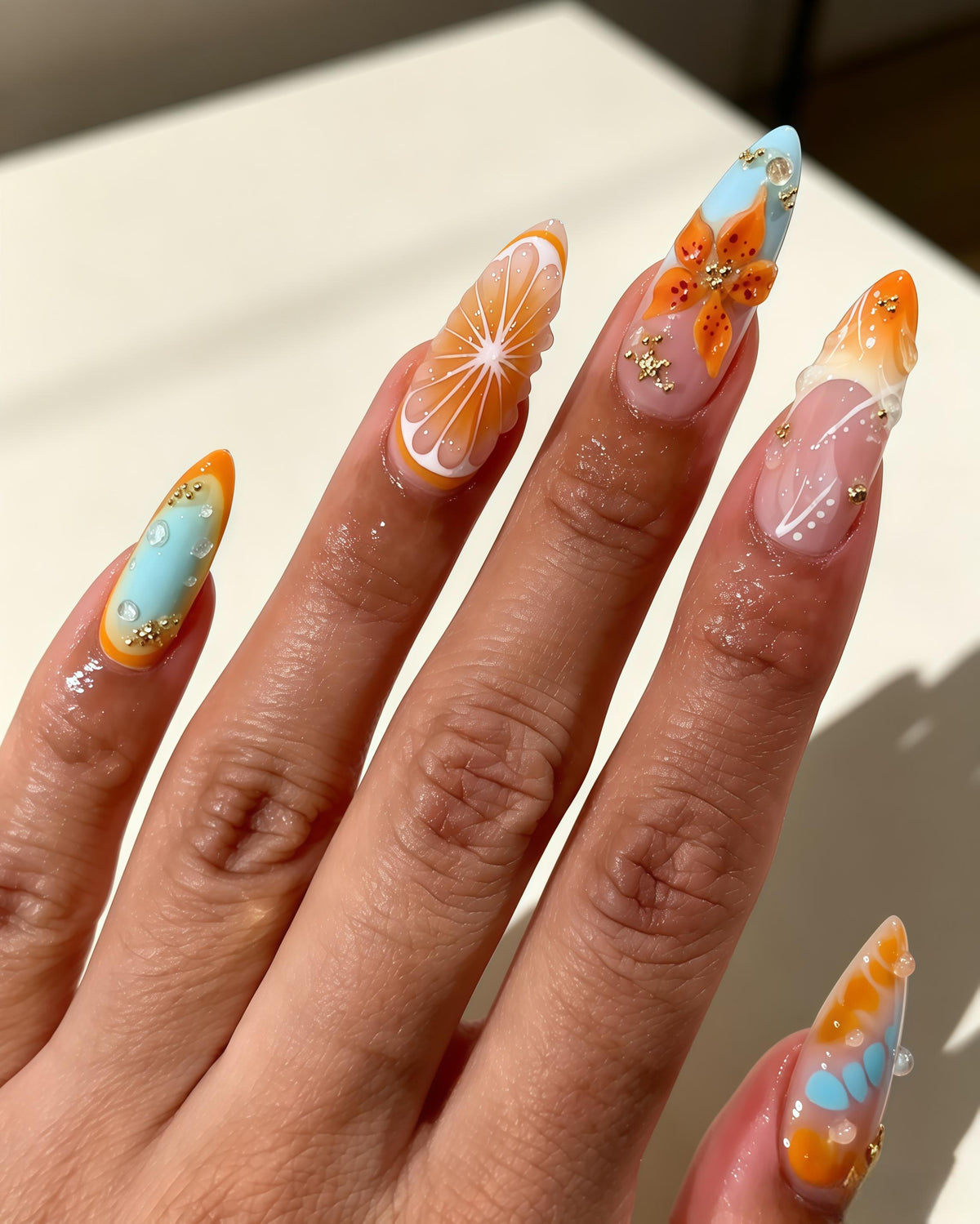 Orange and Blue Citrus Flower Press On Nails with Gold Flakes and Raised Details