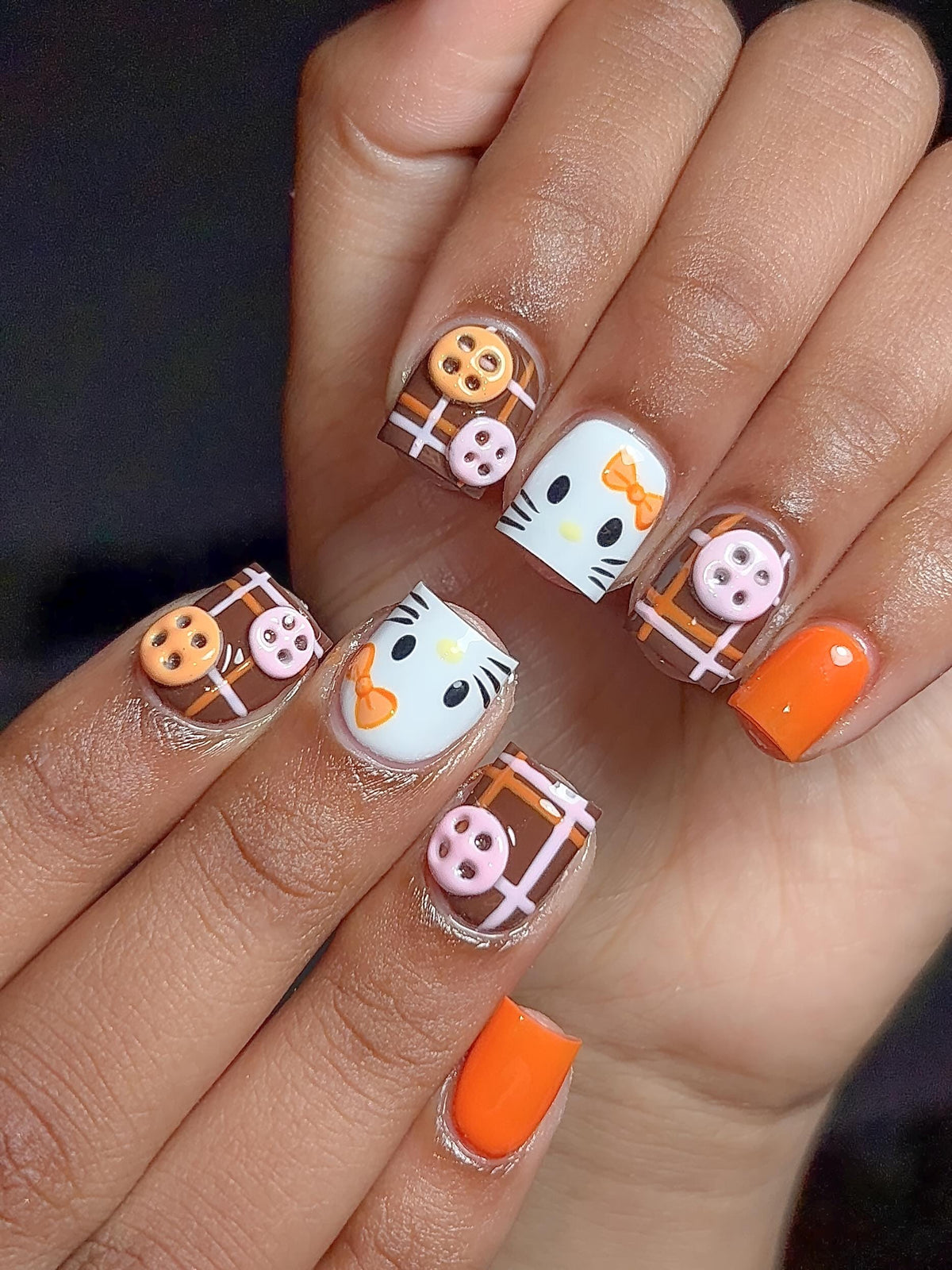 Orange and Brown Plaid Kitty Nails with 3D Button Charms