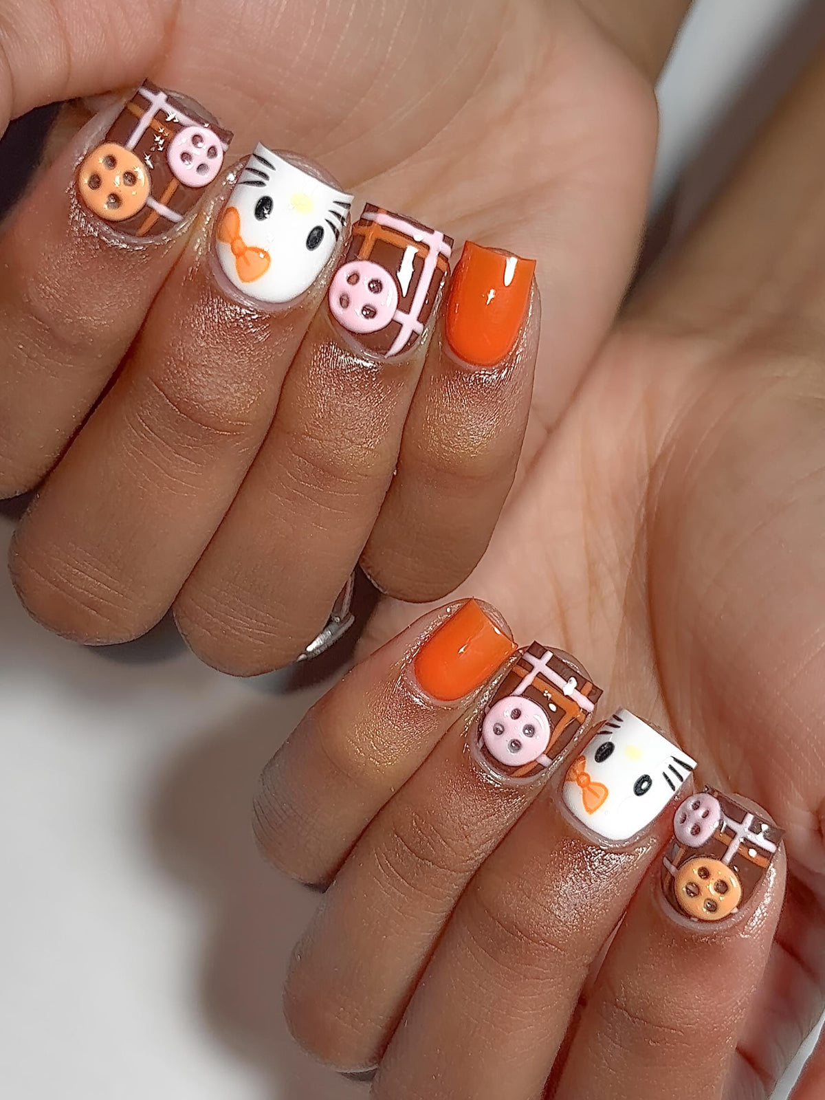 Orange and Brown Plaid Kitty Nails with 3D Button Charms