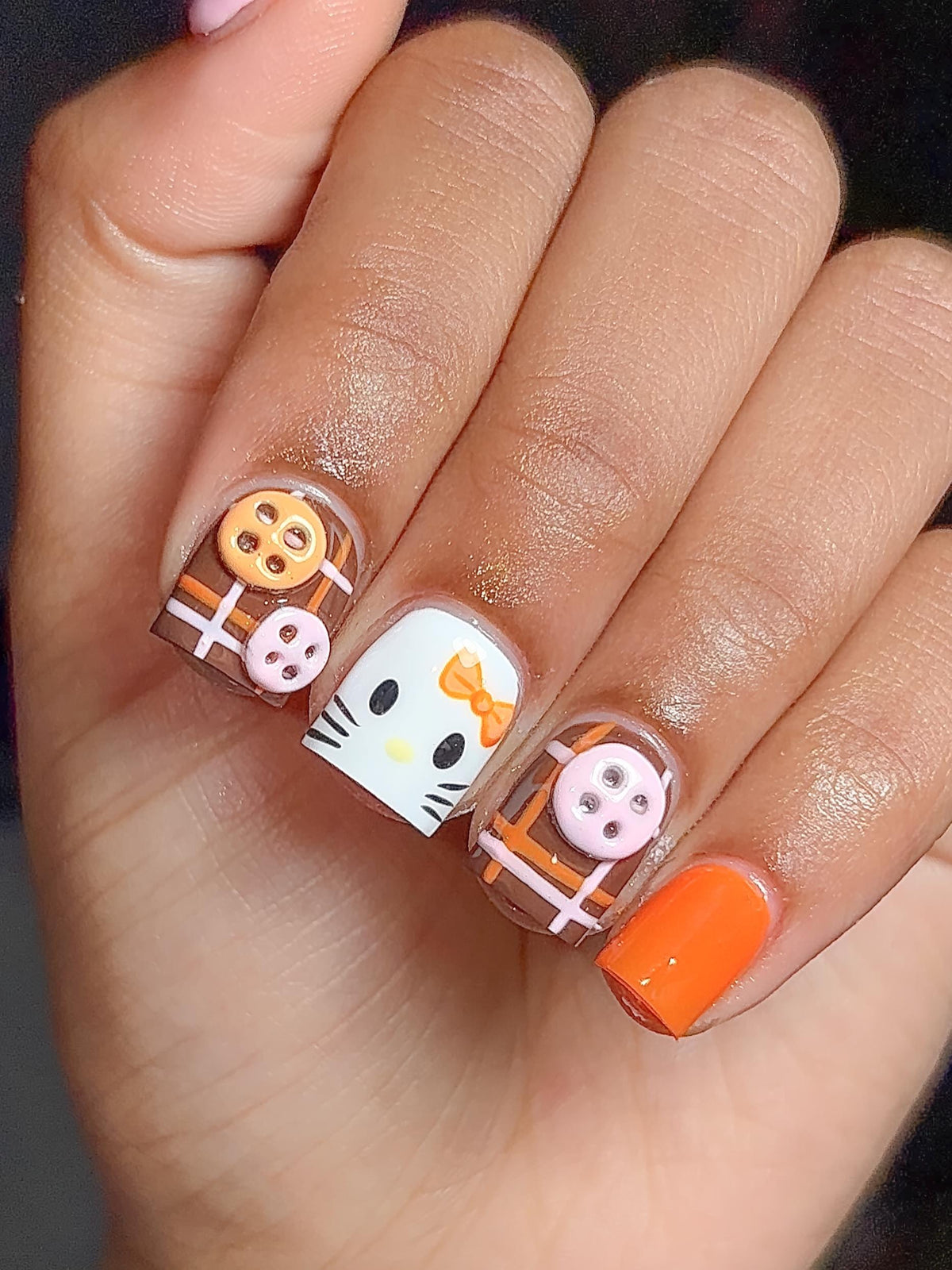 Orange and Brown Plaid Kitty Nails with 3D Button Charms
