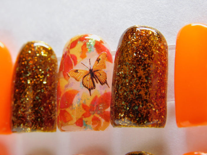 Orange and Gold Glitter Fall Press On Nails with Autumn Leaves and Butterflies