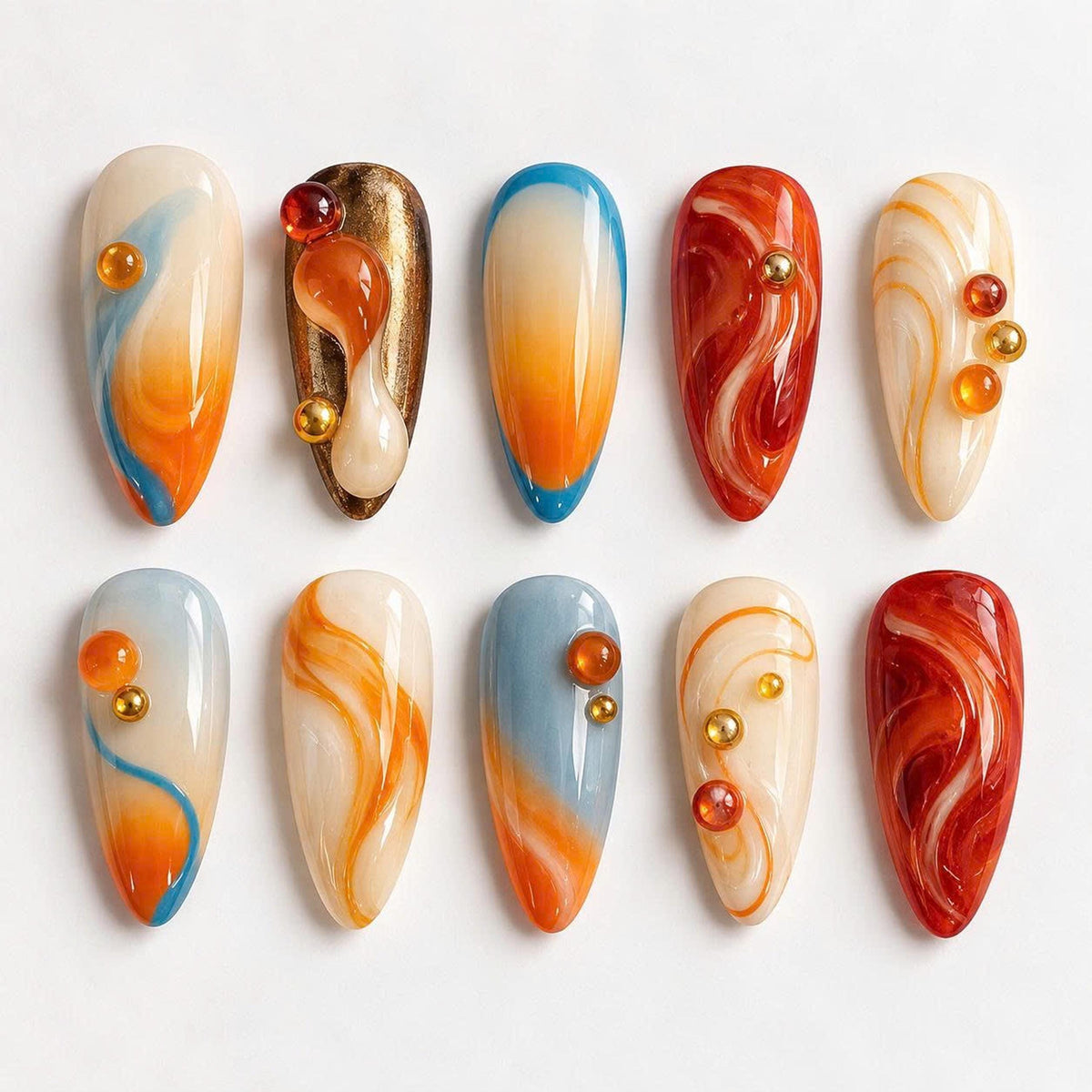 Orange and Icy Blue Jelly Nails with Amber Swirls and 3D Bead Accents