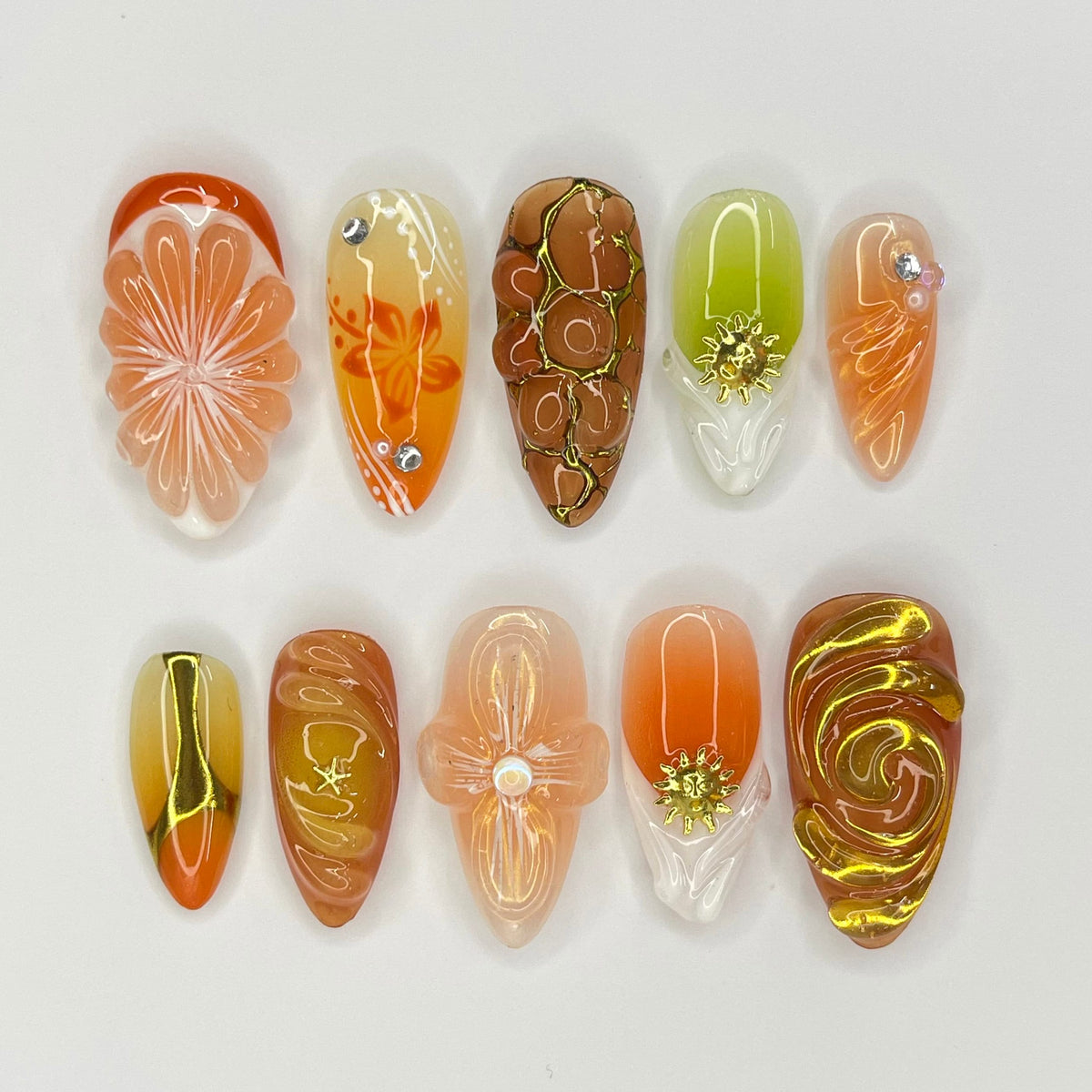 Orange Citrus and Sculpted Flower Press On Nails with Gold Accents