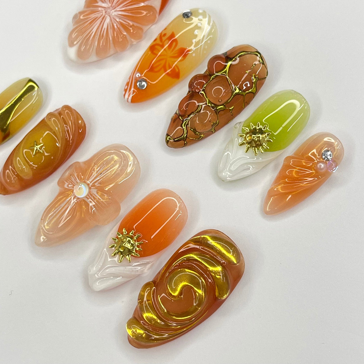 Orange Citrus and Sculpted Flower Press On Nails with Gold Accents