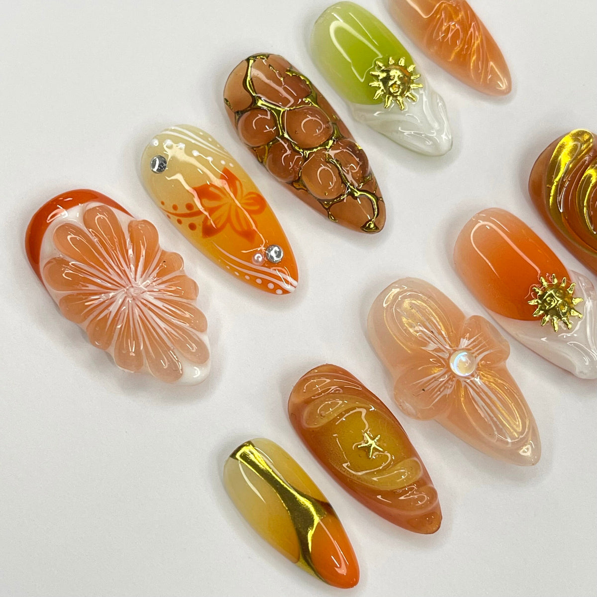 Orange Citrus and Sculpted Flower Press On Nails with Gold Accents
