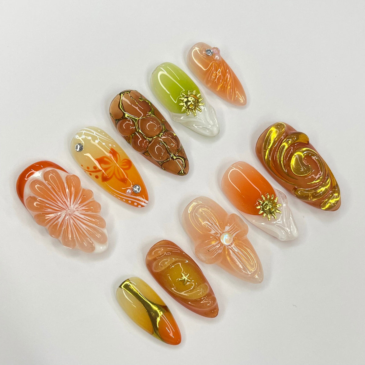Orange Citrus and Sculpted Flower Press On Nails with Gold Accents