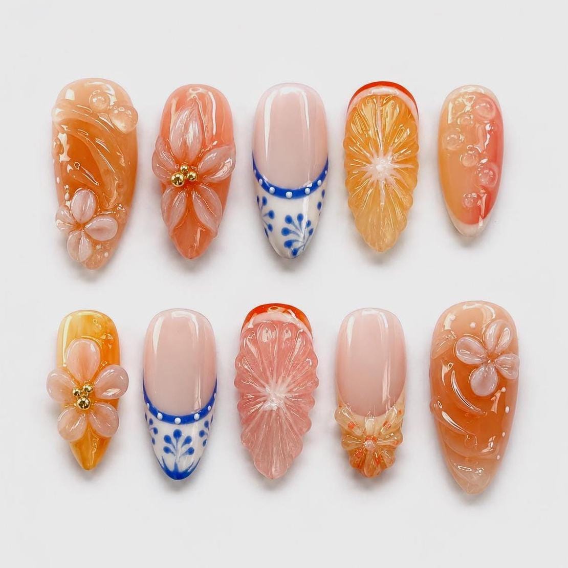 Orange Citrus Jelly Press On Nails with 3D Flowers and Blue Porcelain Accents