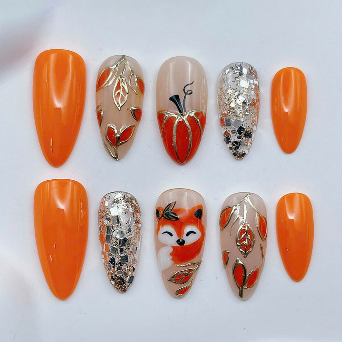 Orange Fox and Pumpkin Autumn Press On Nails with Gold Leaves and Chunky Glitter