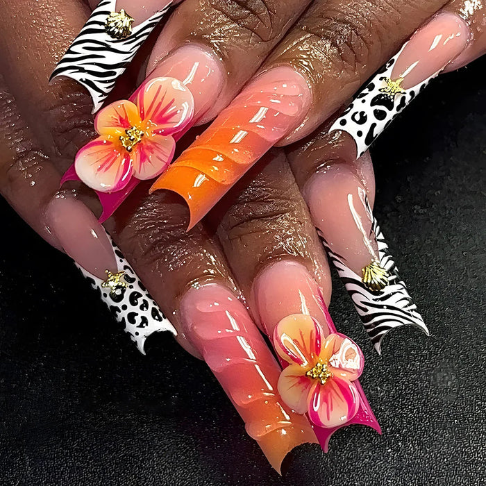 Orange Hibiscus Zebra Print Press On Nails with Gold-Tone Details