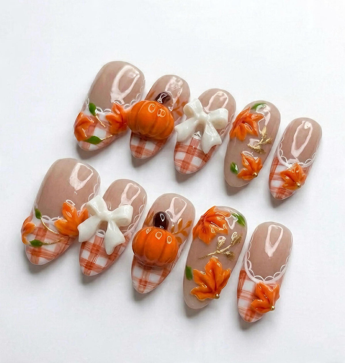 Orange Plaid French Tip Press On Nails With 3D Pumpkins, Bows and Autumn Leaves
