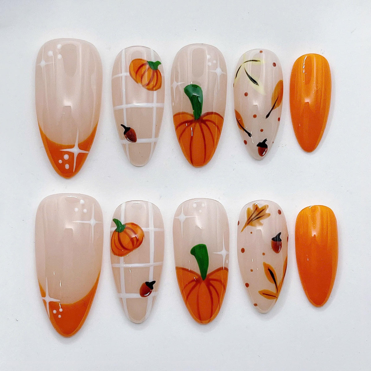 Orange Pumpkin and Autumn Leaf French Tip Nail Set