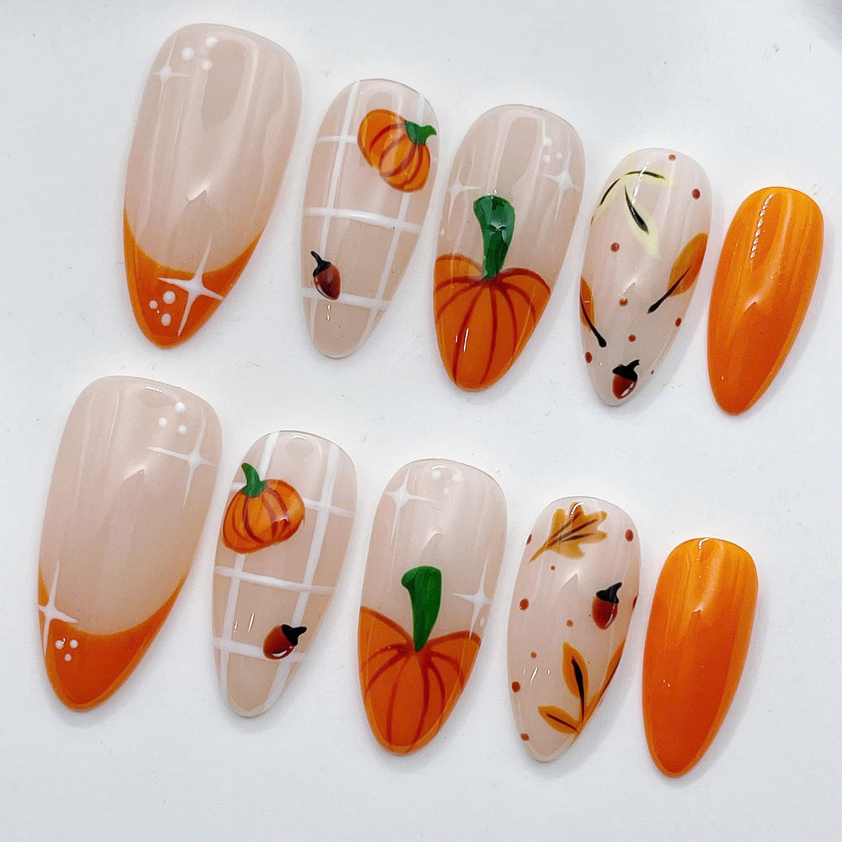 Orange Pumpkin and Autumn Leaf French Tip Nail Set