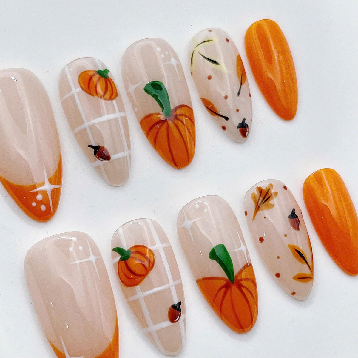 Orange Pumpkin and Autumn Leaf French Tip Nail Set