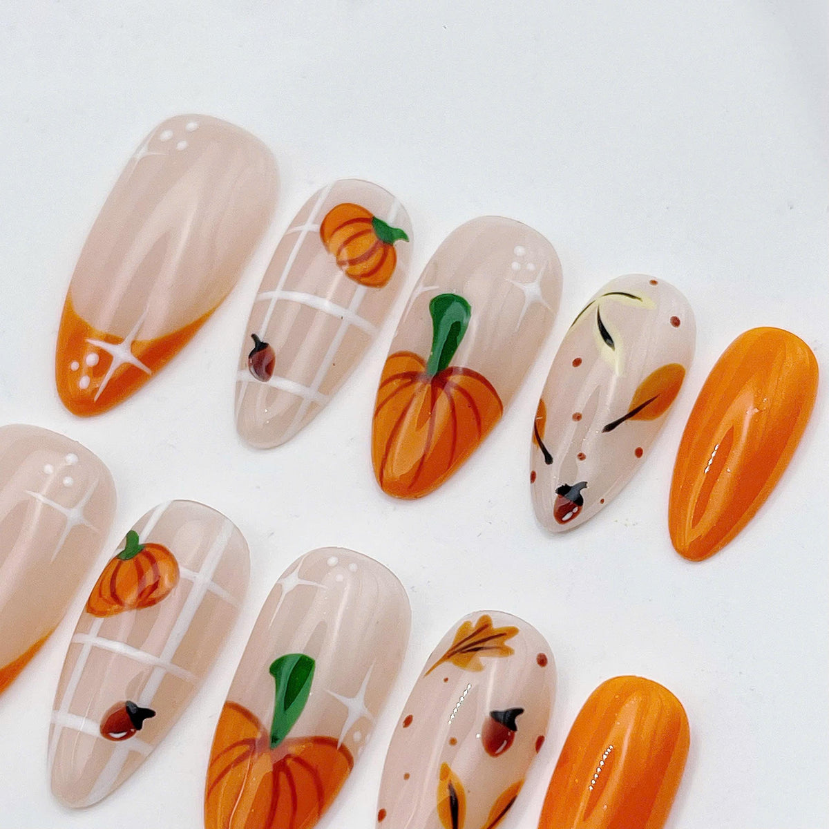Orange Pumpkin and Autumn Leaf French Tip Nail Set
