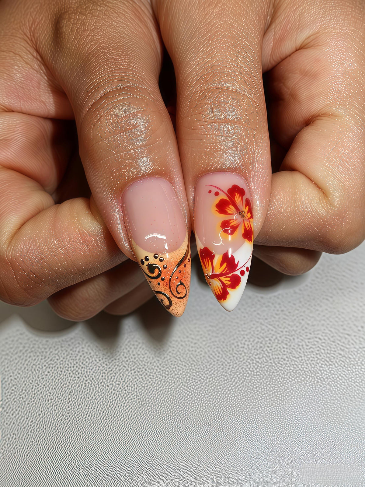 Orange Tiger Stripe Nails With Raised Flowers and Gold-Tone Stone Charms