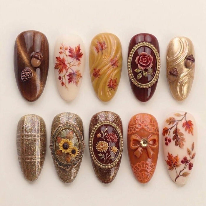Ornate Autumn Floral Press On Nails With Acorn Details, Plaid, Glitter and Gold Trim