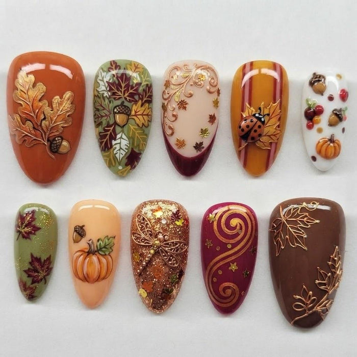 Ornate Autumn Harvest Press On Nails With Pumpkins, Acorns, Maple Leaves and Gold Details