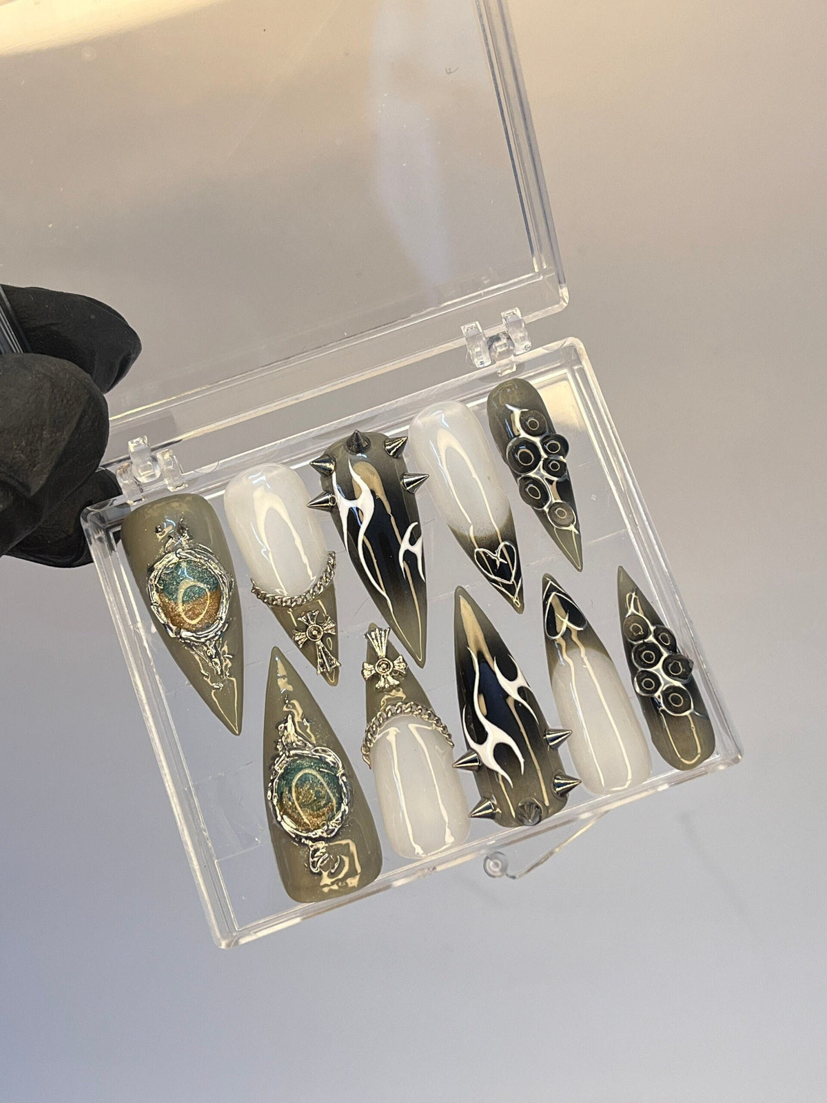 Ornate Black, Ivory & Olive-Gold Punk Emo Nail Set with Raised Embellishments