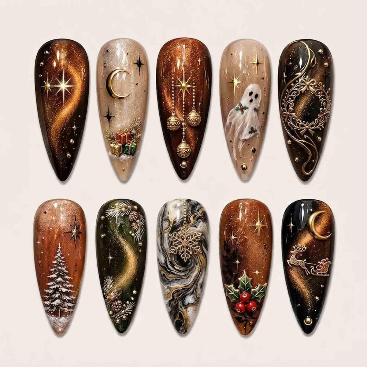 Ornate Brown Cat-Eye Christmas Nails With Gold Stars, Ornaments, Trees and Reindeer