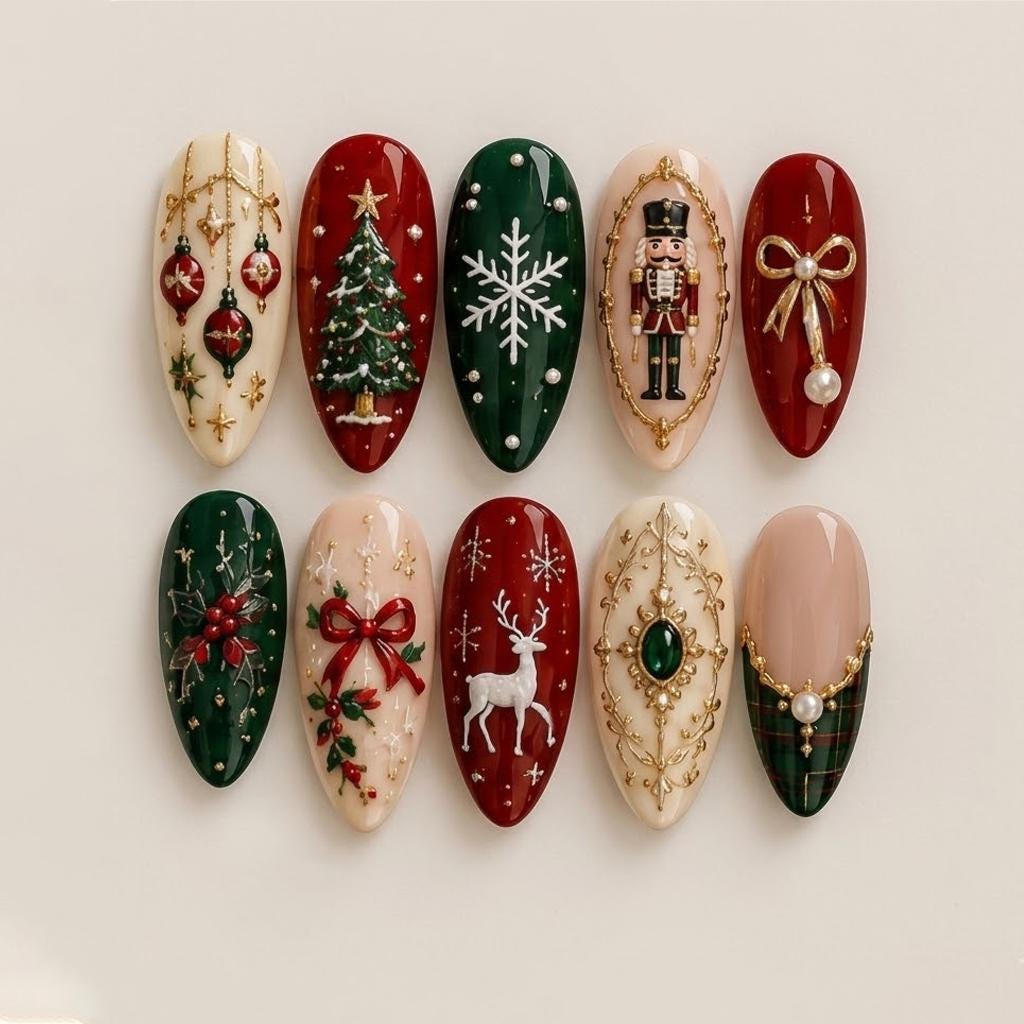 Ornate Christmas Nutcracker Nails With Red, Green, Gold, Bows & Pearl Details