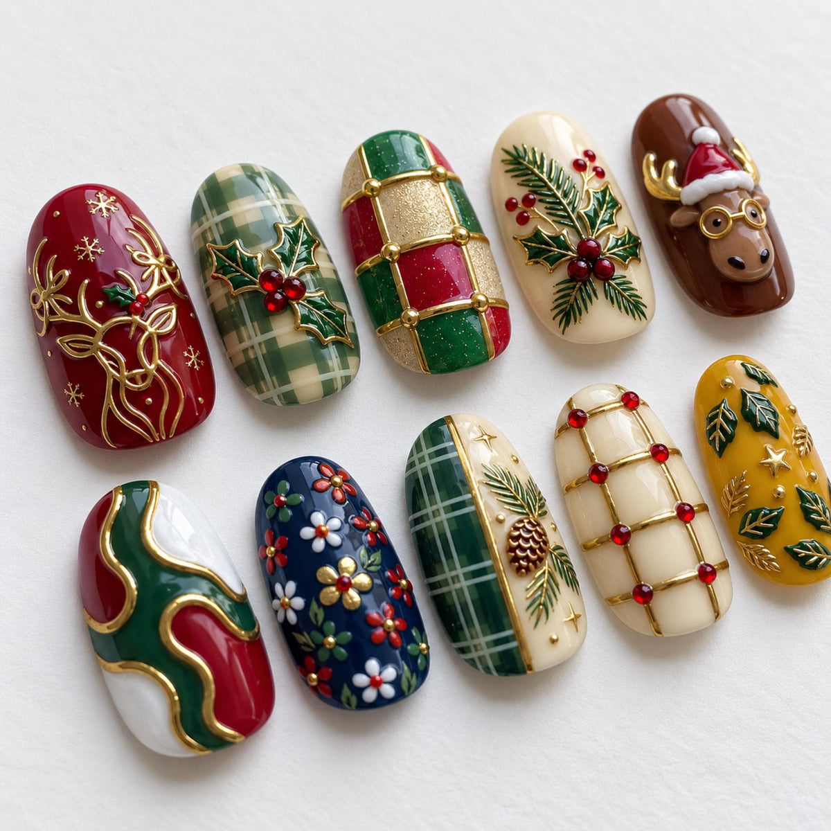 Ornate Christmas Press On Nails with Reindeer, Plaid, Holly and Gold Details