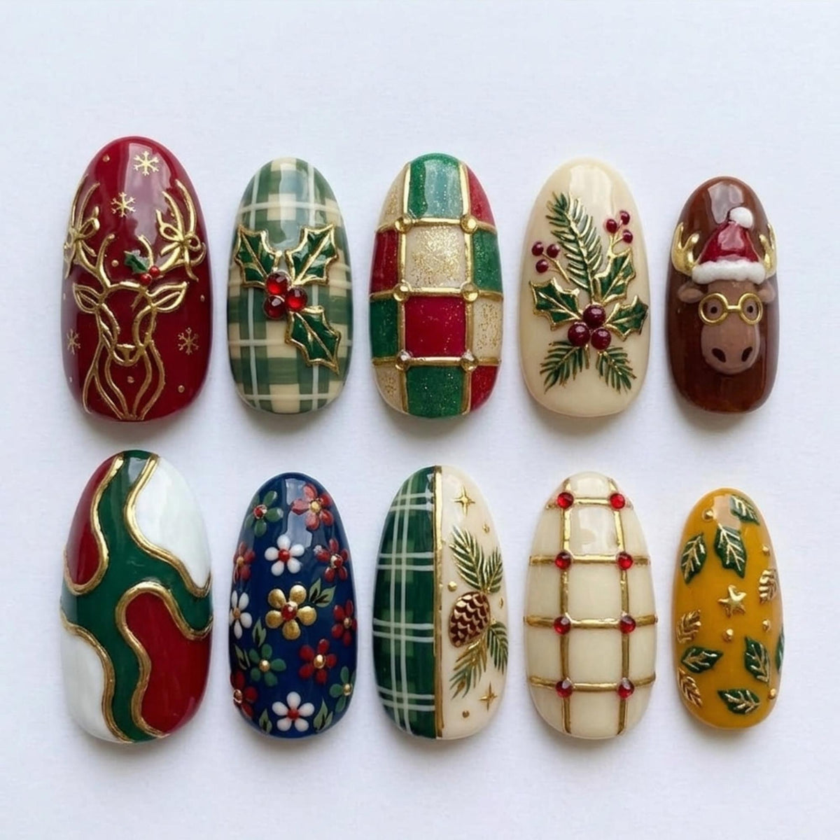 Ornate Christmas Press On Nails with Reindeer, Plaid, Holly and Gold Details