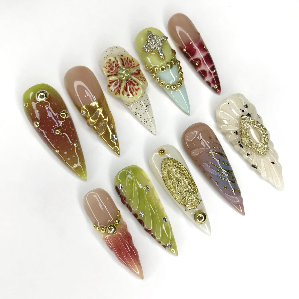 Ornate Green and Burgundy Floral Nails with Gold Details