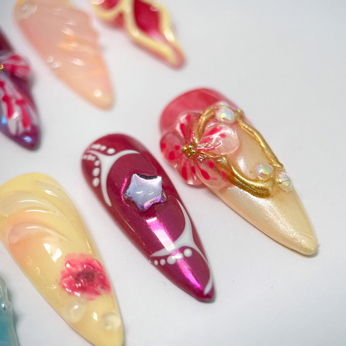 Ornate Spring Floral Nail Set With 3D Flowers, Bows, Gold Details, and Rhinestones