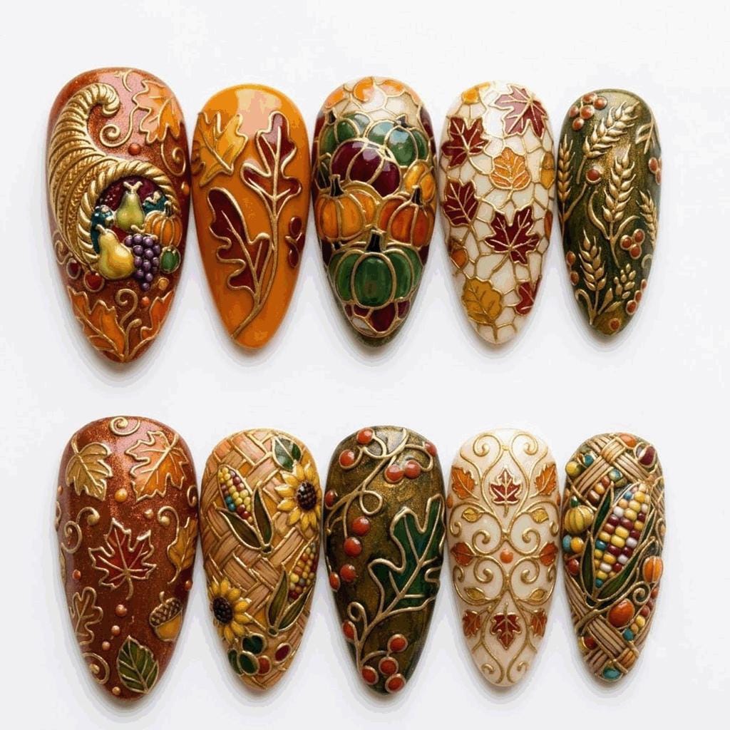 Ornate Thanksgiving Harvest Press-On Nails With Pumpkins, Fall Leaves and Raised Gold Detail