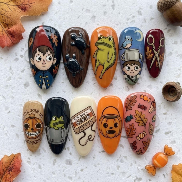 Over the Garden Wall Halloween and Fall Cartoon Press On Nail Set with Frogs, Pumpkins and Autumn Leaves