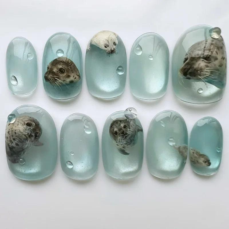 Pale Aqua Jelly Seal Nails With 3D Droplets