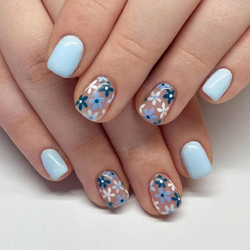 Pale Blue and Floral Press On Nails