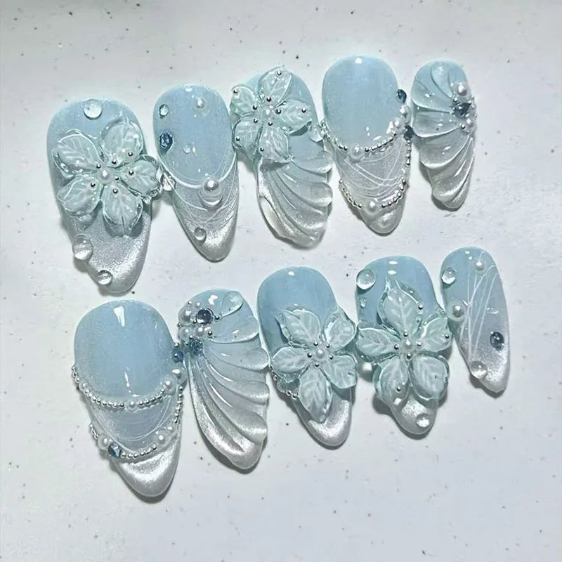 Pale Blue and Silver 3D Flower Pearl Nail Set
