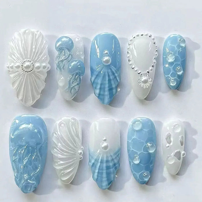 Pale Blue and White Seashell Press On Nails with Pearls and Sculpted Ocean Details