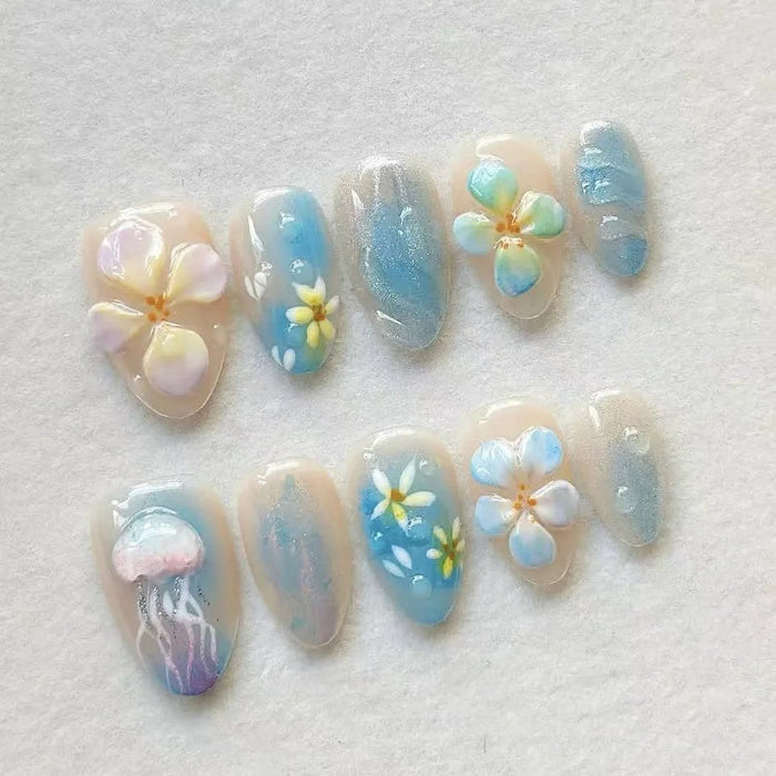 Pale Blue Floral Press On Nails with 3D Flowers and Jellyfish