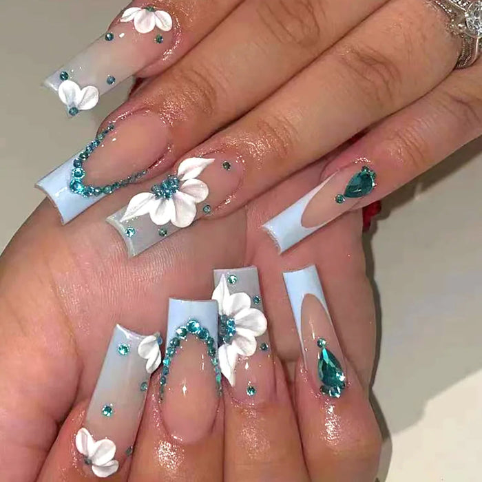 Pale Blue French Tip Press On Nails With White 3D Flowers and Teal Rhinestones