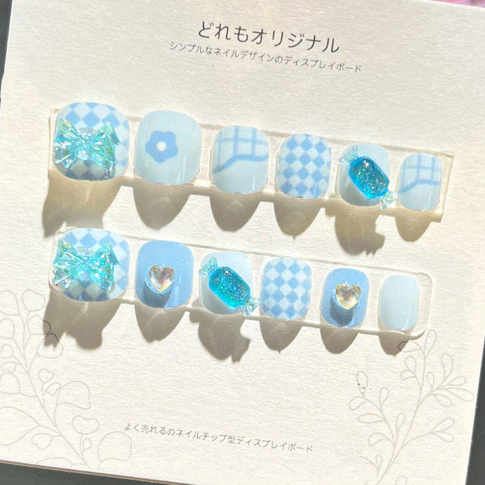Pale Blue Gingham and Flower Press-On Nail Set with Glitter Hearts