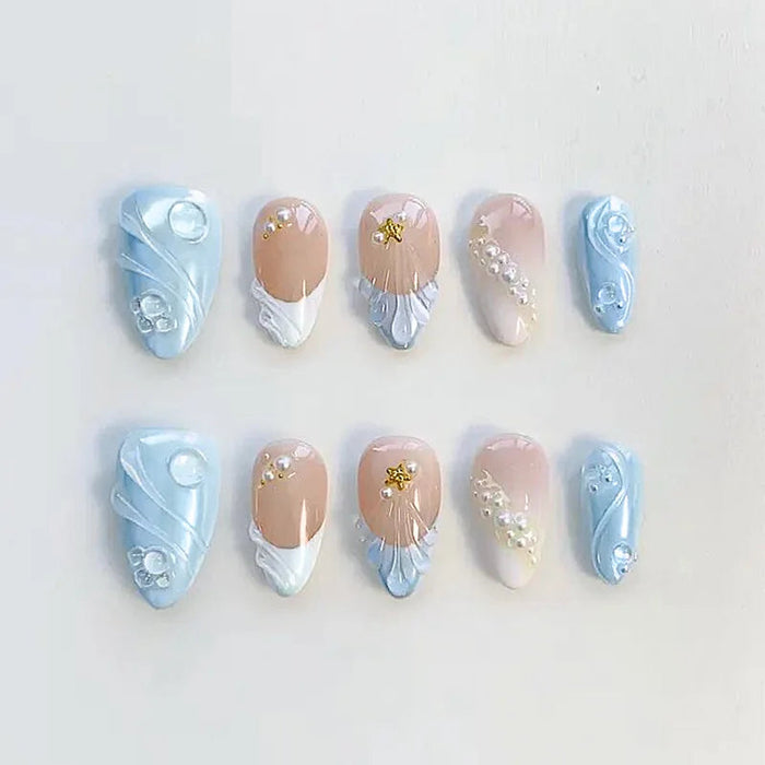 Pale Blue Shell French Tip Press On Nails with Pearls and Gold Starbursts